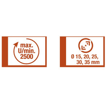 Symbol für maximale Drehzahl 2500 U/min und Bohrdurchmesser 15, 20, 25, 30, 35 mm
