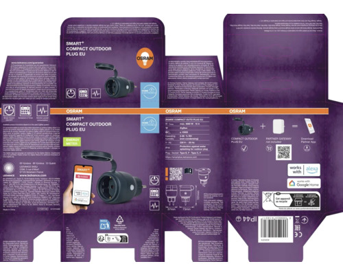 Verpackung einer Osram Smart+ Kompaktsteckdose für den Außenbereich mit technischen Details