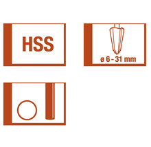HSS-Symbol für Werkzeuge aus Schnellarbeitsstahl, Durchmesserbereich von 6 bis 31 Millimeter, Symbol für Bohren von Löchern