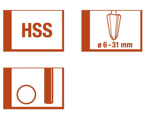 HSS-Symbol für Werkzeuge aus Schnellarbeitsstahl, Durchmesserbereich von 6 bis 31 Millimeter, Symbol für Bohren von Löchern