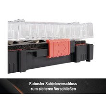 Detailansicht eines Werkzeugkoffers mit robustem Schiebeverschluss