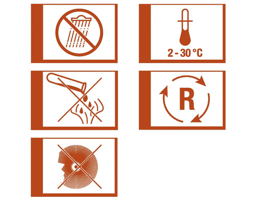 Pictogrammes : Protéger de l’humidité, température de stockage de 2 à 30 degrés, corrosif, recyclage et porter une protection oculaire