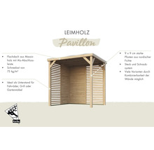 Holzpavillon mit Flachdach und Seitenwänden aus Holzlatten