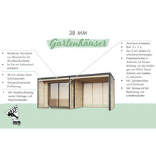 Abri de jardin avec toit plat, porte coulissante, terrasse et parois à lamelles