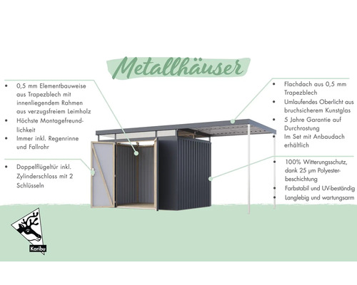 Abri de jardin métallique avec toit plat, double porte et toit annexe