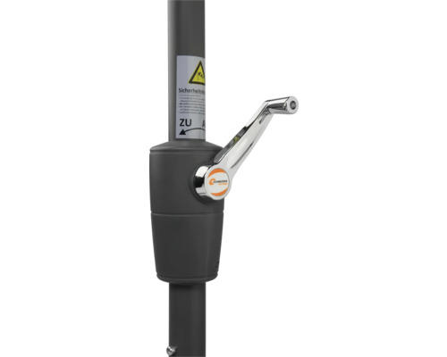 Mécanisme à manivelle d'un parasol avec le logo Schneider Schirme