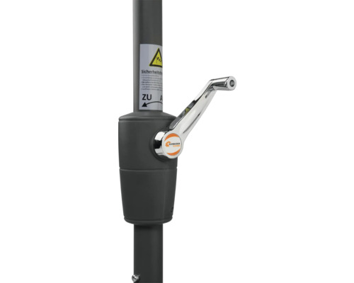 Mécanisme à manivelle d'un parasol avec consignes de sécurité et logo Schneider Schirme