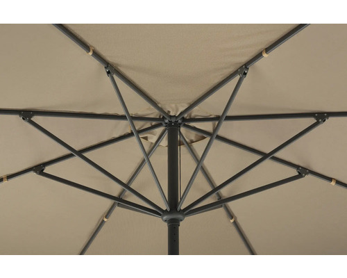 Vue détaillée du dessous d'un parasol avec armature métallique et revêtement en tissu