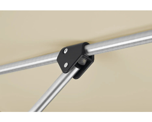 Detailansicht einer Pavillonverbindung mit Metallstange und Schrauben