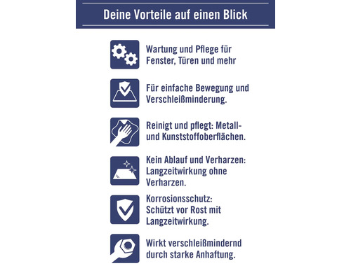 Produktvorteile: Wartung und Pflege, einfache Bewegung, Verschleißminderung, reinigt und pflegt Metall sowie Kunststoffoberflächen, Langzeitwirkung, Korrosionsschutz und starke Anhaftung