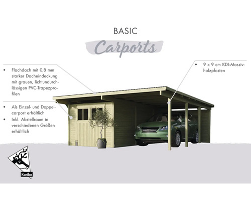 Carport mit Flachdach, 9 x 9 cm Holzpfosten und Geräteraum