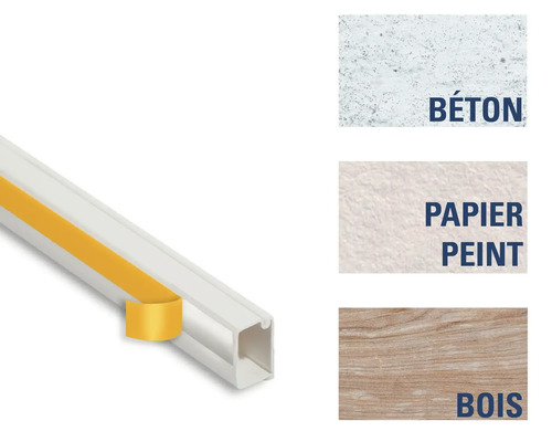 Goulotte de câbles en plastique avec bande adhésive et exemples d'application pour béton, papier peint et bois
