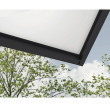 Nahaufnahme einer Terrassenüberdachung mit schwarzem Rahmen und weißer Eindeckung vor einem bewölkten Himmel und Bäumen.