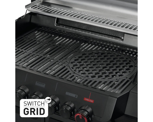 Vue détaillée d'un gril à gaz avec grille et boutons de commande