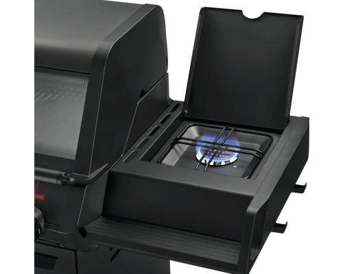 Vue détaillée d'un barbecue à gaz noir avec brûleur latéral et couvercle ouvert