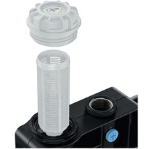 Vue éclatée d'un système de filtre à eau avec filtre, boîtier et manomètre