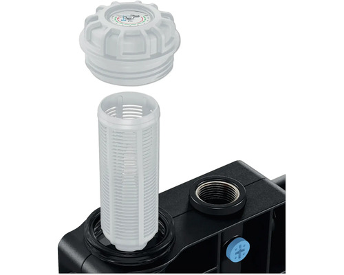 Vue éclatée d'un système de filtre à eau avec filtre, boîtier et manomètre