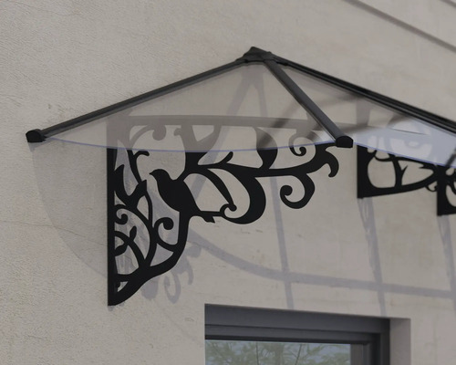 Auvent de porte avec couverture transparente et supports muraux noirs décoratifs avec motifs oiseaux et feuilles.