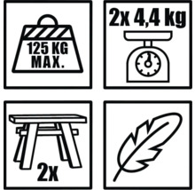 Symbole für maximale Belastung 125 Kilogramm, Gewicht 2 mal 4,4 Kilogramm, Anzahl der Hocker 2 und leichtes Gewicht