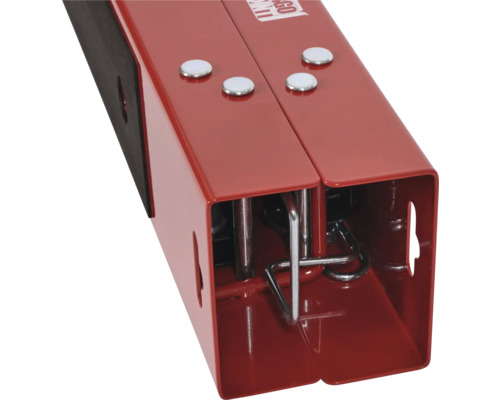 Detailansicht einer roten, verstellbaren Werkbank