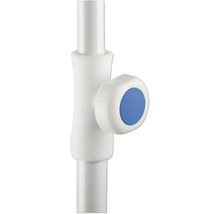 Detailansicht einer Duschstange mit blauem Bedienknopf