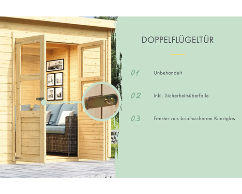 Doppelflügeltür eines Holzhauses mit Sicherheitsüberfalle und Fenstern aus bruchsicherem Kunstglas