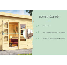 Doppelflügeltür aus unbehandeltem Holz mit Zylinderschloss und bruchsicherem Kunstglas