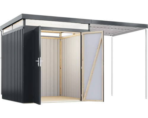 Abri de jardin métallique avec double porte et auvent