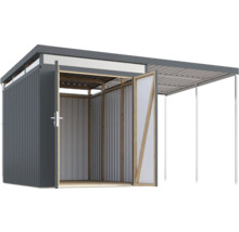 Abri de jardin métallique avec carport et portes ouvertes