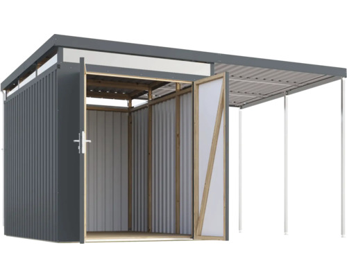 Abri de jardin métallique avec carport et portes ouvertes