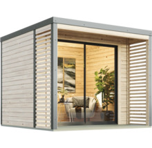 Abri de jardin moderne avec porte coulissante et revêtement en bois