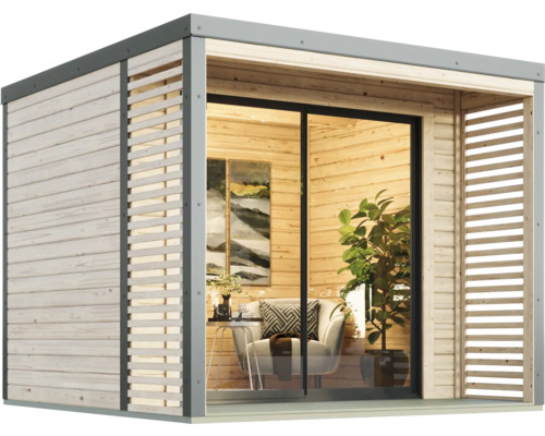 Abri de jardin moderne avec porte coulissante et revêtement en bois
