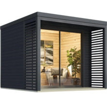Abri de jardin moderne avec porte coulissante en verre et revêtement en bois