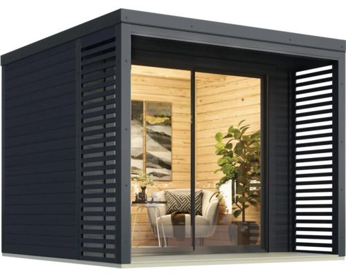 Abri de jardin moderne avec porte coulissante en verre et revêtement en bois