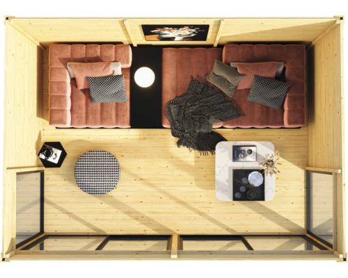 Vogelperspektive eines modernen Gartenhauses mit Sofas, Tischen und Dekorationen für Wohnlichkeit