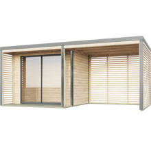 Abri de jardin moderne en bois avec porte coulissante et parois à lamelles