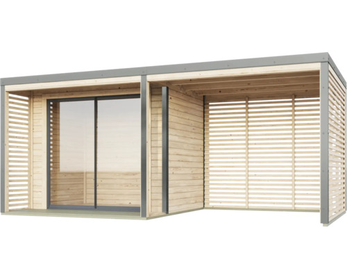 Abri de jardin moderne en bois avec porte coulissante et parois à lamelles