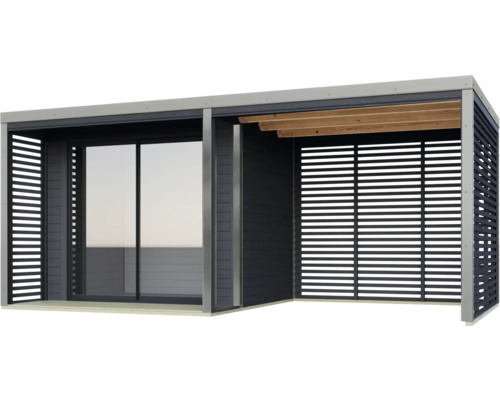 Tonnelle de jardin moderne avec porte coulissante et murs à lamelles