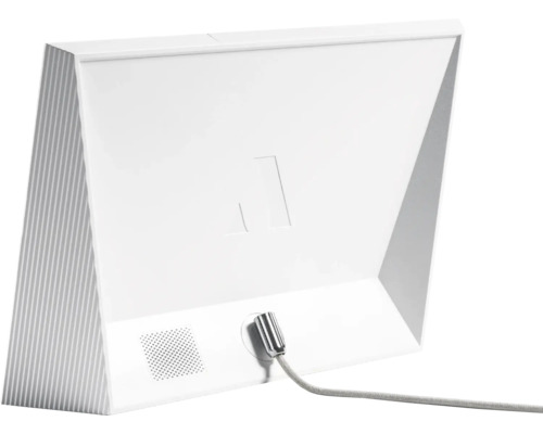 Rückansicht einer weißen Tischleuchte mit grauem Kabel