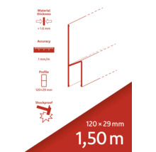 Épaisseur du matériau inférieure à 1,6 millimètre. Précision 1 millimètre par mètre. Profilé 120 x 29 millimètres. Résistant aux chocs. Longueur 1,50 mètre.
