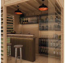 Vue intérieure d'une maison de jardin en bois avec bar, étagères et éclairage
