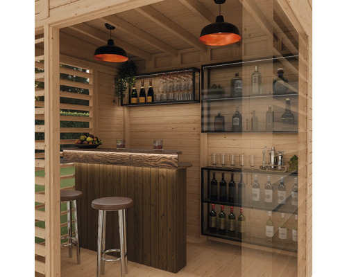 Vue intérieure d'une maison de jardin en bois avec bar, étagères et éclairage