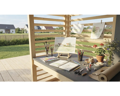 Espace de travail créatif en extérieur avec chevalet, peintures, pinceaux, papier et fleurs