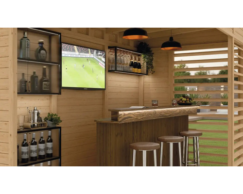 Pavillon de jardin en bois avec bar, télévision et tabourets de bar pour l'extérieur