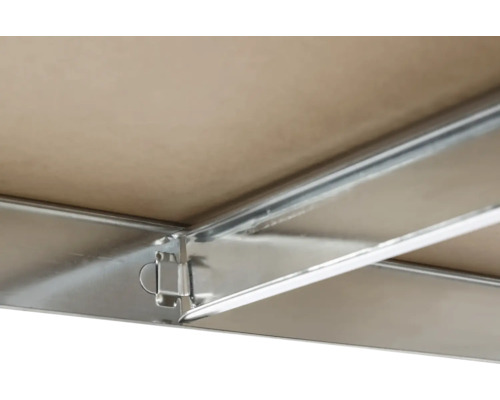 Detailansicht eines Klapptisches mit Metallrahmen und Holzplatte