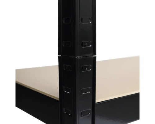 Detailaufnahme eines schwarzen Metallregals mit Holzboden