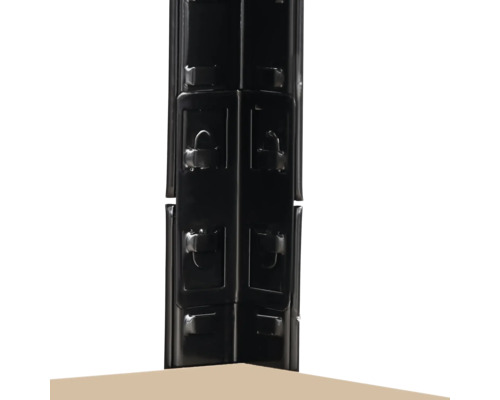 Detailansicht eines schwarzen Regalsystems, das die Konstruktion und Befestigungselemente zeigt.