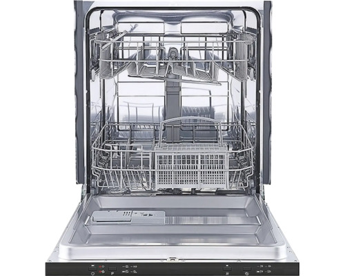 Innenansicht eines Geschirrspülers mit geöffneter Tür und herausziehbaren Geschirrkörben.