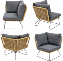 Mehrfachansicht eines Eck-Lounge-Sessels mit Rattanoptik und dunklen Kissen.
