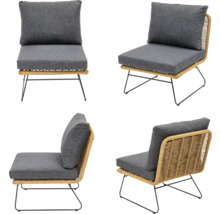 Gartenstuhl mit grauen Polstern und Rattanstruktur, vier Ansichten